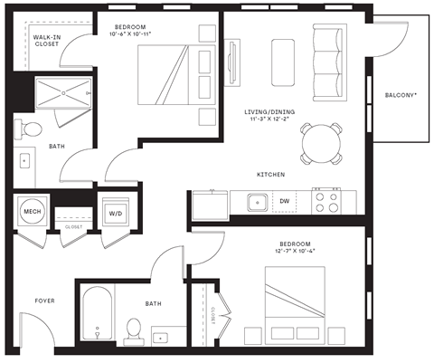 Floor plan for 2 beds, 2 baths, 967 sqft